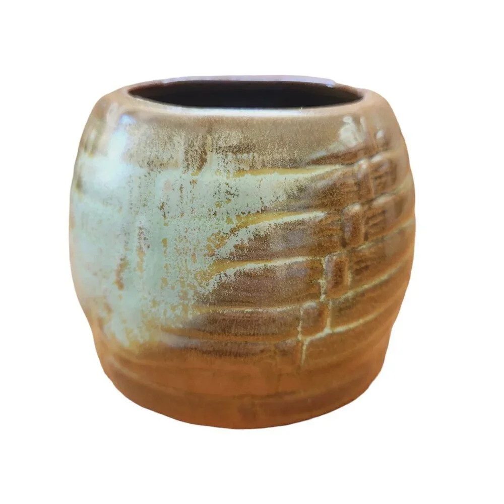 Vintage Frankoma USA Pottery Brown Green Bamboo Ceramic Vase Bee Honey Bowl Pot